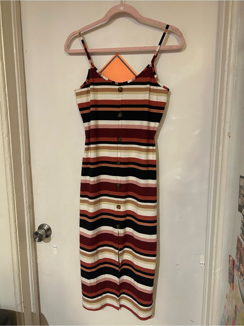 No Boundaries Striped Button-Front Midi Dress in Burgundy, Black, Cream and Tan